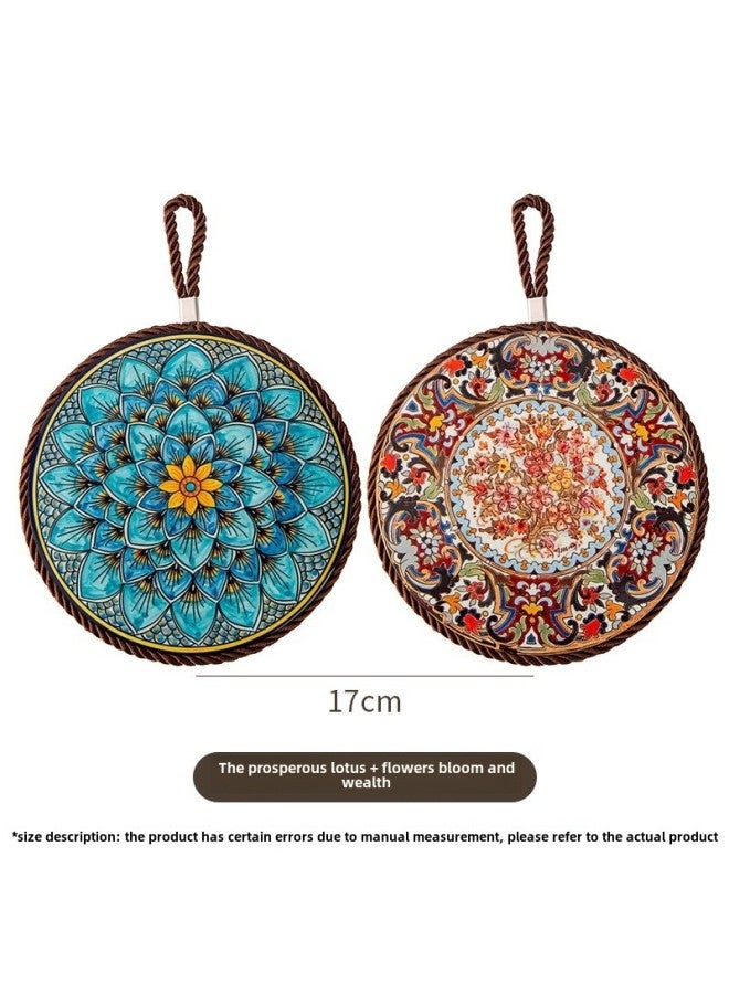 Retro Heat Insulation Pad High Temperature Resistant Casserole Anti-scalding Pad Enamel Pot Cushion Ceramic New Chinese Style Non-slip Dining Table Plate Cushion-color:The Prosperous Lotus + Flowers Bloom And Wealth  - Image 1