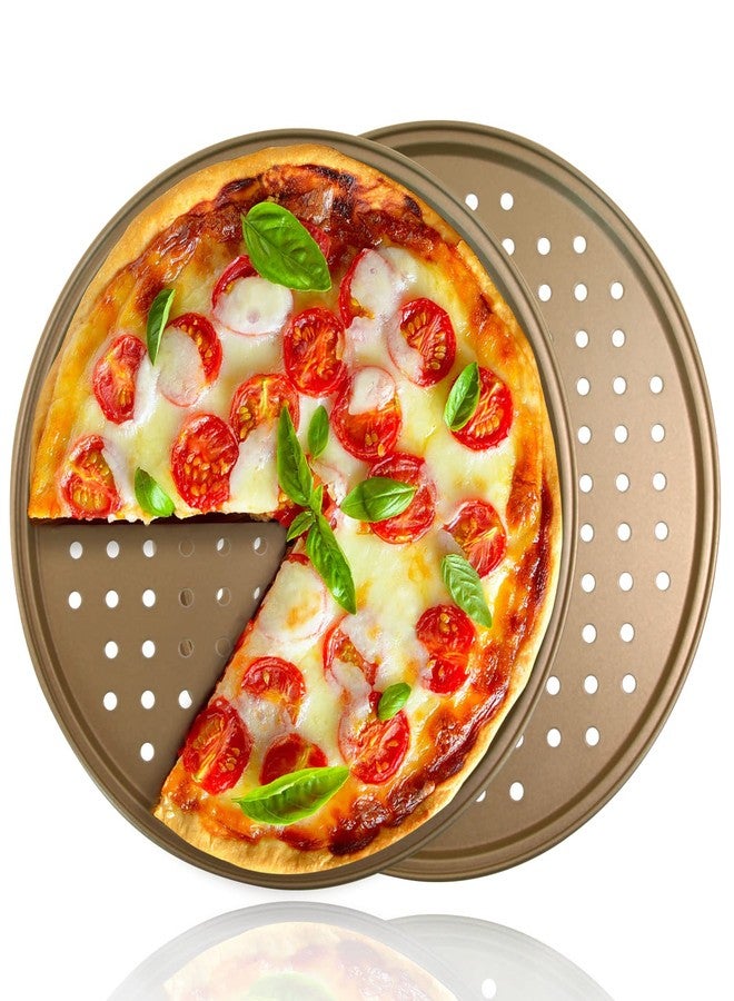 COOKWIN 2 Pack Pizza Pan for Oven, 12.6 Inch Pizza Baking Pan, Non-Stick Golden Carbon Steel Pizza Tray with Holes, Organosilicon Coated Crisper Pan, Dishwasher Safe - Image 1