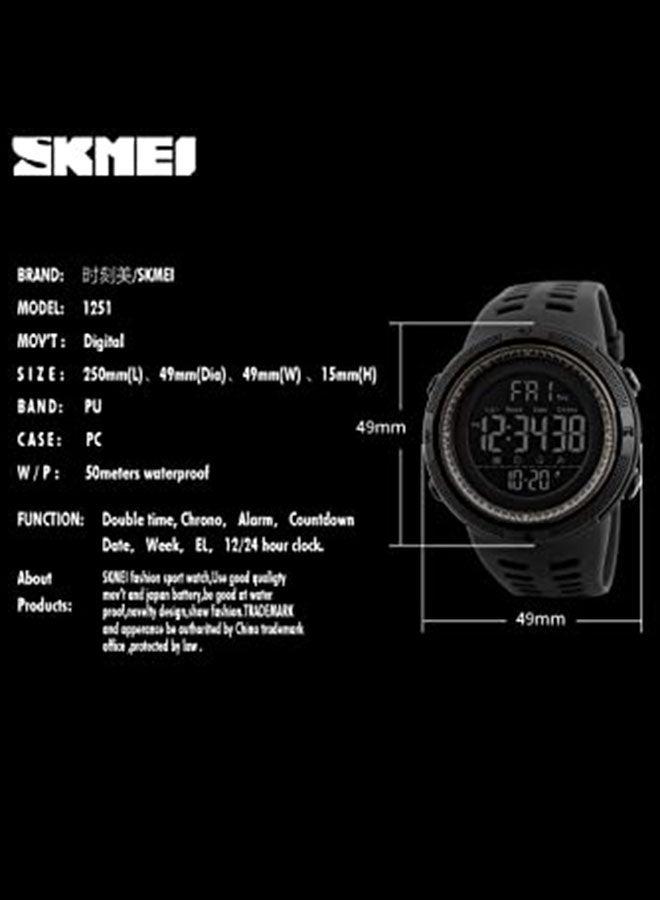 Men's Water Resistant Rubber Digital Watch 1251 - 49 mm - Black - Image 5