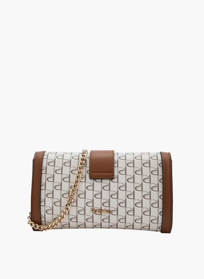 Paprika Women Monogram Print Crossbody Bag with Chain Strap and Button Closure
