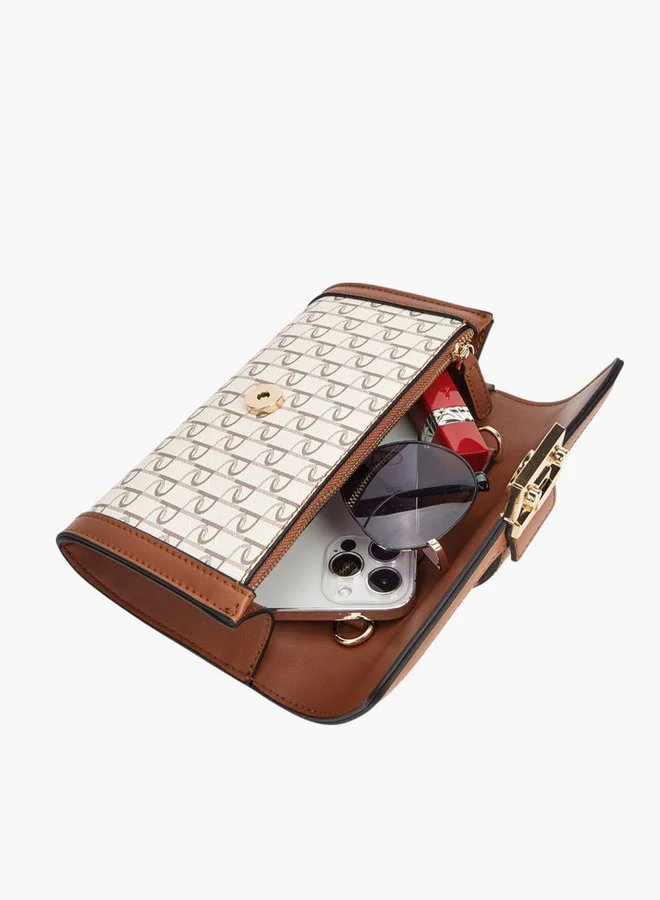 Paprika Women Monogram Print Crossbody Bag with Chain Strap and Button Closure
