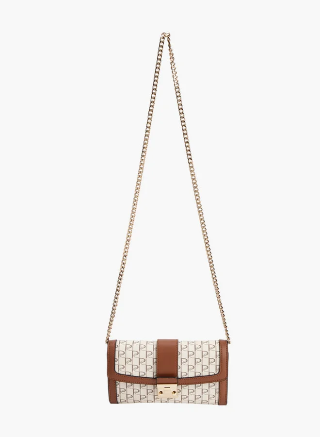 Paprika Women Monogram Print Crossbody Bag with Chain Strap and Button Closure