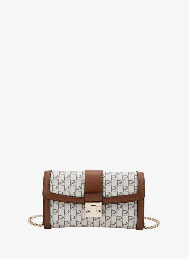 Paprika Women Monogram Print Crossbody Bag with Chain Strap and Button Closure