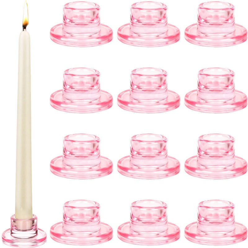 Mkhaslri 12 PCS Glass Taper Candle Holders Bulk Pink Candlestick Holders Clear Short Tapered Candle Stick Holder Decor Set for Table Centerpiece Wedding Party Advent Christmas Home Decorations - Image 1
