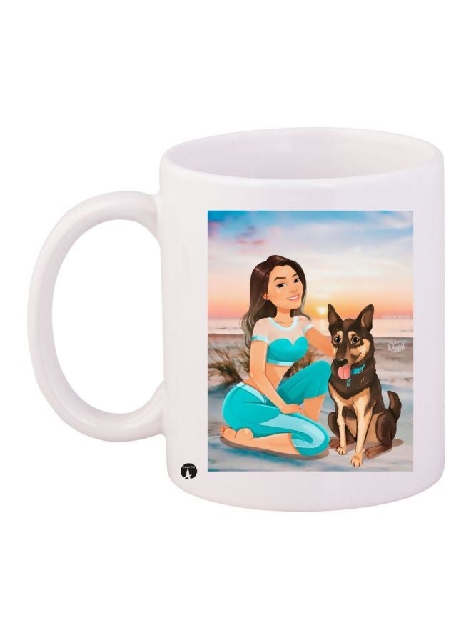 Cartoon Girl With Dog Printed Coffee Mug White/Blue/Brown 11ounce