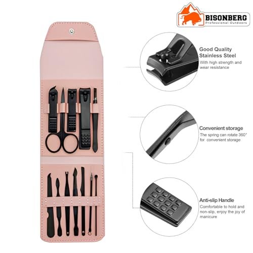 Bisonberg Manicure & Pedicure Set Nail Clippers, Stainless Steel Nail Scissors Grooming Kit, Acne needle, Nail Cutter Kit, Blackhead Tool Leather Travel Case - 12 in 1 - Image 2