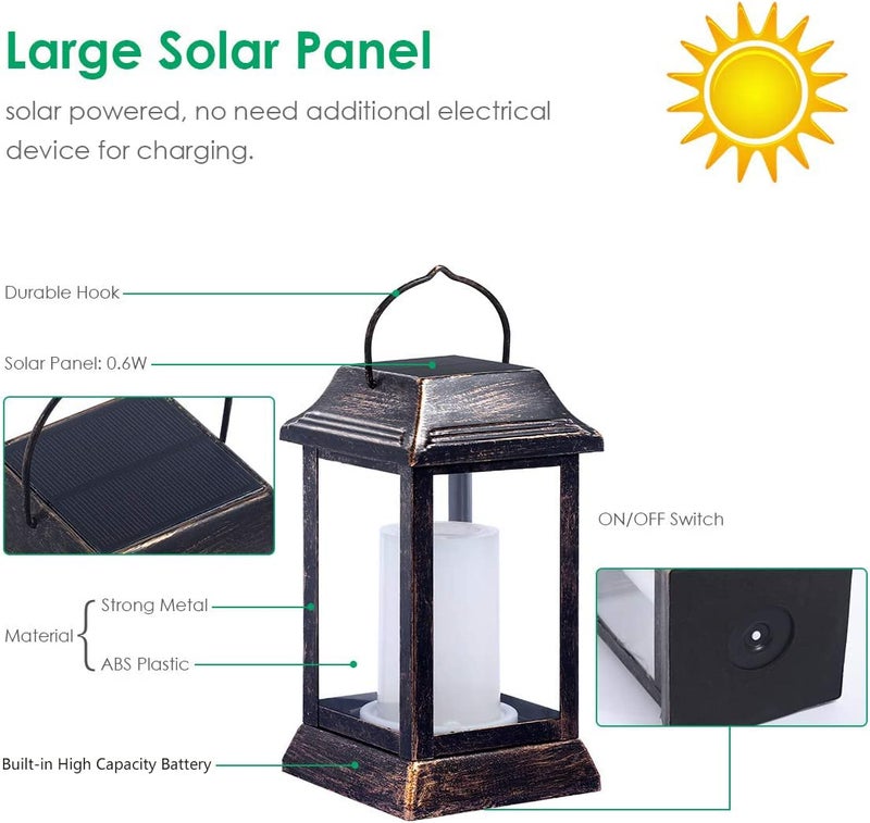 TomCare Solar Lights Metal Flickering Flame Solar Lantern Outdoor Hanging Lanterns Lighting Heavy Duty Solar Powered Waterproof LED Flame Lights for Outdoor Patio Garden, 2 Pack (Bronze) - Image 4
