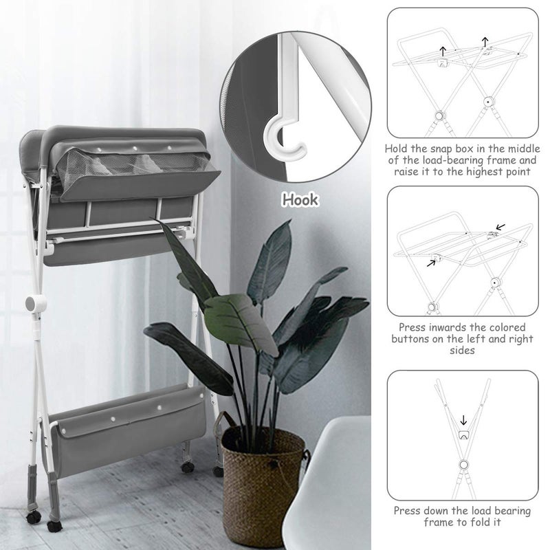 COSTWAY 4-in-1 Baby Changing Table, Adjustable Infant Care Station with Wheels and Storage, Folding Newborn Bath and Massage Tables Diaper Organizer (Grey) - Image 5