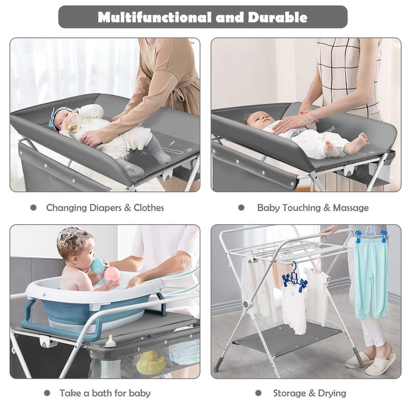 COSTWAY 4-in-1 Baby Changing Table, Adjustable Infant Care Station with Wheels and Storage, Folding Newborn Bath and Massage Tables Diaper Organizer (Grey) - Image 2