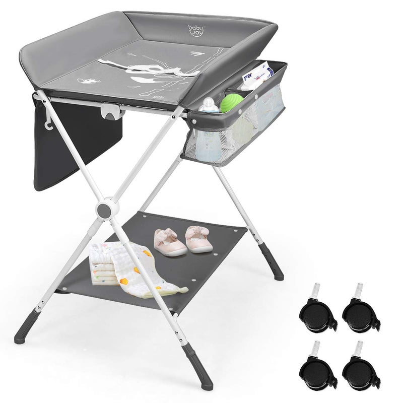 COSTWAY 4-in-1 Baby Changing Table, Adjustable Infant Care Station with Wheels and Storage, Folding Newborn Bath and Massage Tables Diaper Organizer (Grey) - Image 1