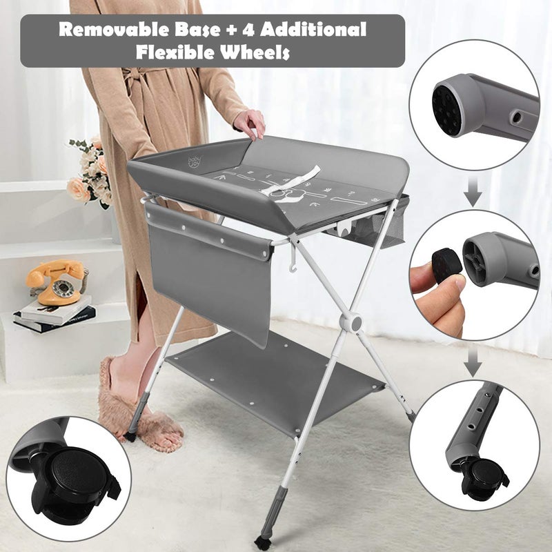 COSTWAY 4-in-1 Baby Changing Table, Adjustable Infant Care Station with Wheels and Storage, Folding Newborn Bath and Massage Tables Diaper Organizer (Grey) - Image 4