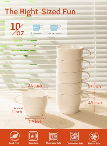 Sweese 6-Pack Porcelain Latte Cups - Stackable 10 Ounce Coffee Mugs for Cappuccino, Mocha, Tea - Space-Saving, Chip-Resistant - Dishwasher Friendly – Ideal for Home and Café, White - Image 2