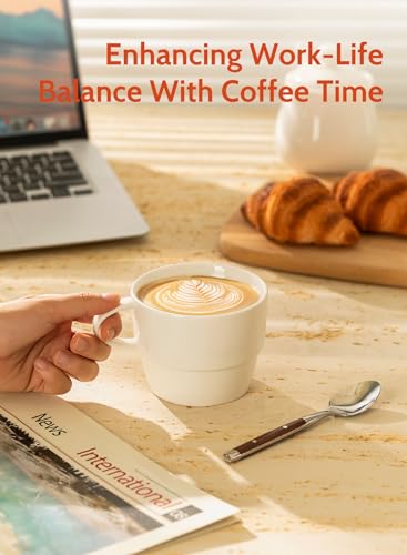 Sweese 6-Pack Porcelain Latte Cups - Stackable 10 Ounce Coffee Mugs for Cappuccino, Mocha, Tea - Space-Saving, Chip-Resistant - Dishwasher Friendly – Ideal for Home and Café, White - Image 4