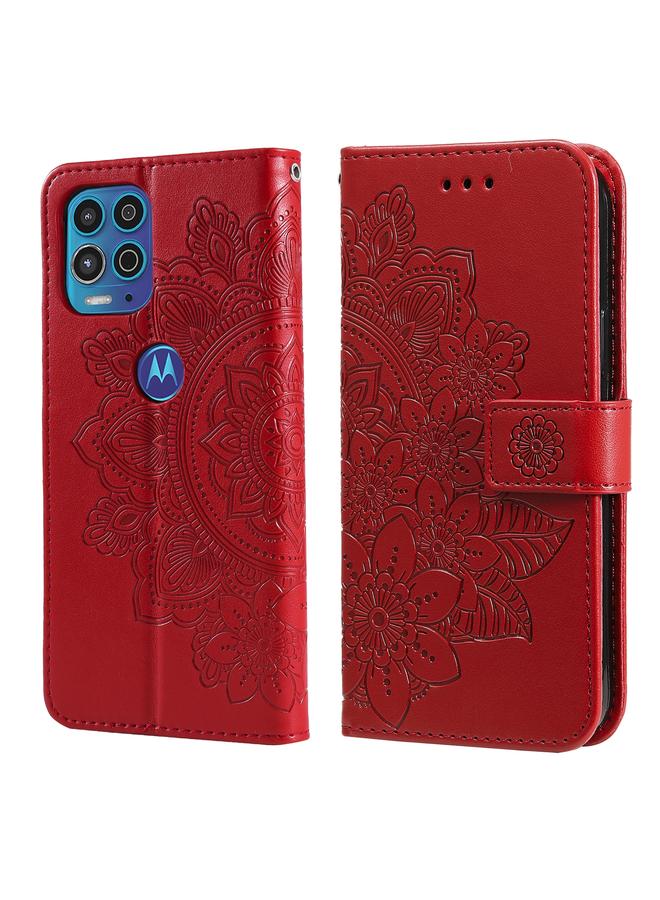 اس-توب جراب لهاتف Motorola Moto G100 / Edge S، مصنوع من جلد البولي يوريثان بتصميم زهور 7 بتلات، مع حامل وفتحات للبطاقات ومحفظة وإطار للصور. - Image 1