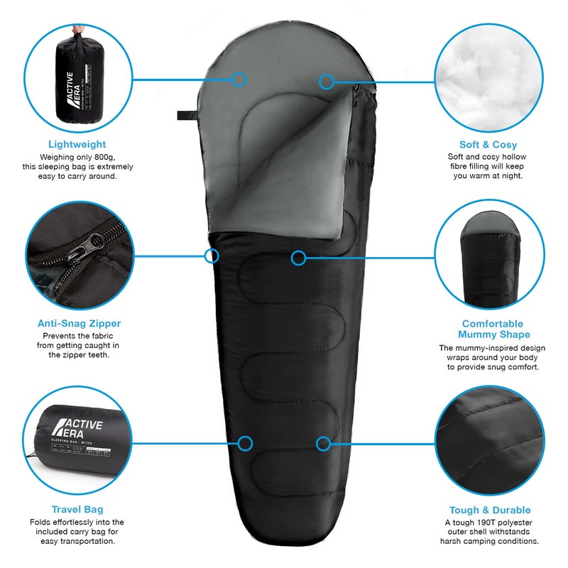Active Era Sleeping Bag – Premium Lightweight Sleeping Bags for Adults & Kids - Festival, Camping, Hiking & Outdoor Essentials - Includes Compact Travel Bag (Envelope - Blue) (Black, Mummy) - Image 2