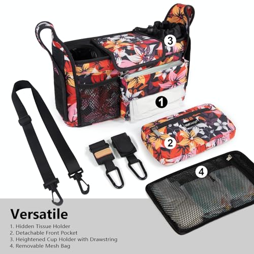 TOPDesign Universal Baby Stroller Organizer Stroller Caddy with Detachable Mesh Bag Heightened Insulated Cup Holders NonSlip Secure Hooks Accessories Fits Most Strollers Five Petal Flower - Image 3