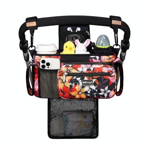 TOPDesign Universal Baby Stroller Organizer Stroller Caddy with Detachable Mesh Bag Heightened Insulated Cup Holders NonSlip Secure Hooks Accessories Fits Most Strollers Five Petal Flower - Image 1