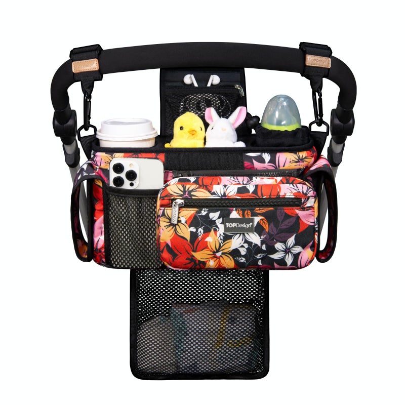 TOPDesign Universal Baby Stroller Organizer Stroller Caddy with Detachable Mesh Bag Heightened Insulated Cup Holders NonSlip Secure Hooks Accessories Fits Most Strollers Five Petal Flower - Image 2