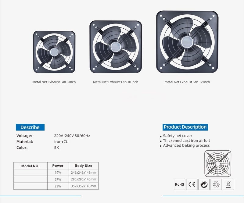 Heavy Duty Square Exhaust Fan with Protective Grill – High Airflow Ventilation Fan for Kitchen, Bathroom, Workshop & Industrial Use (12-INCH) - Image 3
