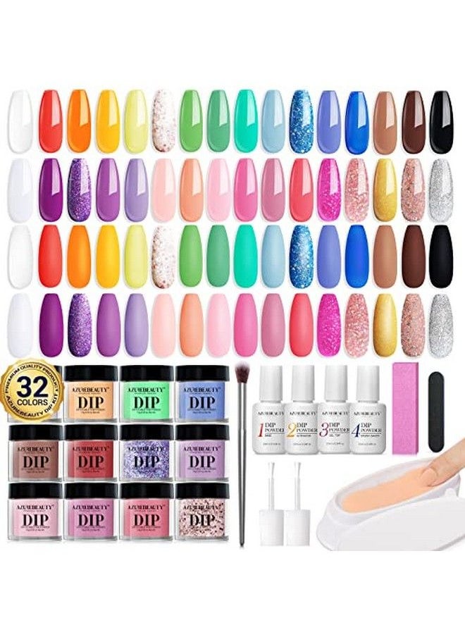 AZUREBEAUTY 42Pcs Dip Powder Nail Kit Starter 32 Colors Spring Summer Rainbow Bright Neon Pink Red Acrylic Dipping Powder Set With Topbase Coat Activator & Recycling Tray For French Art Manicure Gifts  - Image 1