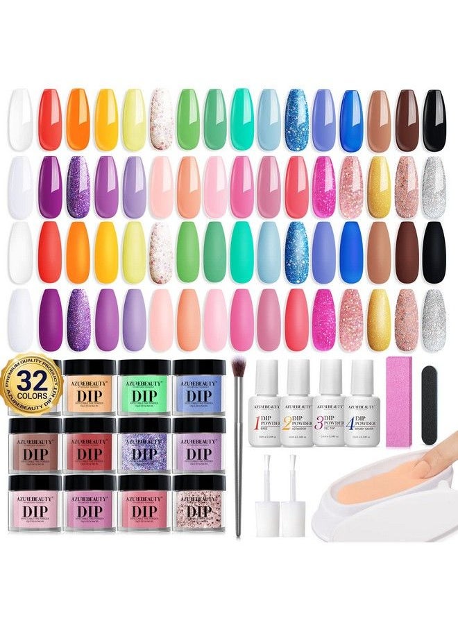 AZUREBEAUTY 42Pcs Dip Powder Nail Kit Starter 32 Colors Spring Summer Rainbow Bright Neon Pink Red Acrylic Dipping Powder Set With Topbase Coat Activator & Recycling Tray For French Art Manicure Gifts  - Image 2
