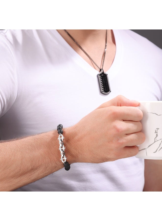 بوليس سوار رجالي فضي بخرز اللافا الأسود - Image 3