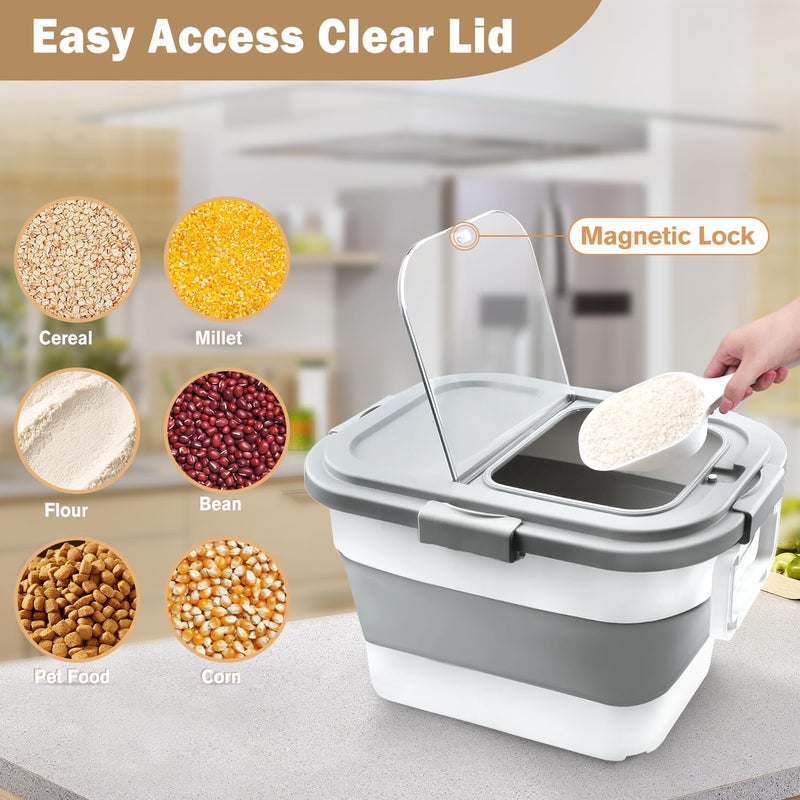 Komzon Rice Storage Container, Collapsible Airtight Food Storage Containers 6-20 Lbs, Rice Dispenser Bin with Cup and Scoop for Flour Cereal Pasta Grain, Cat Bird Pet Dog Food Storage Container - Image 5