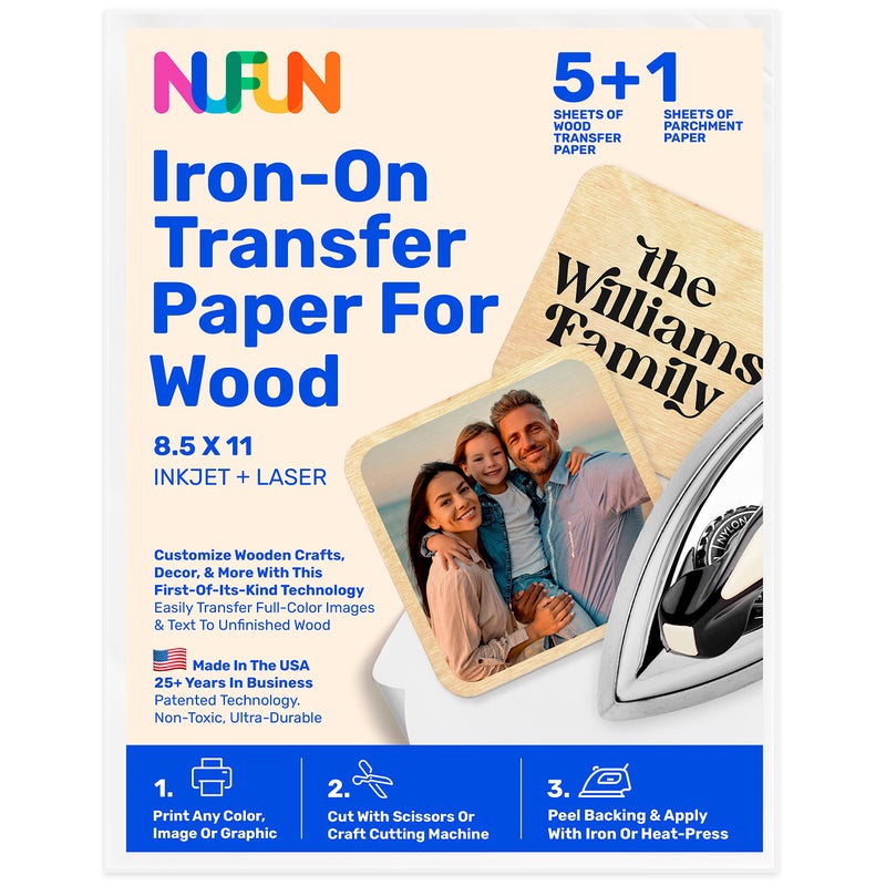 NuFun Activities ورق نقل حراري قابل للطباعة من نوفون للخشب، 5 أوراق بحجم 8.5 × 11 بوصة، طويل الأمد، متين، جودة احترافية، سهل الاستخدام DIY، غير سام، مصنوع في الولايات المتحدة الأمريكية - Image 2