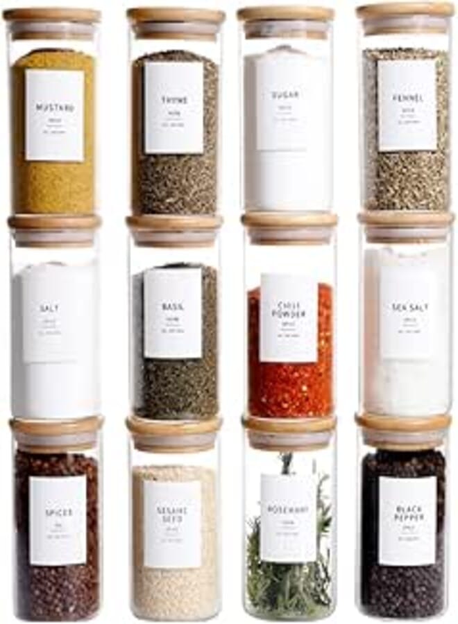 12 Pcs Glass Spice Jars With Bamboo Airtight Lids, 8oz Thicken(2.4mm) Spice Containers With 148 Minimalist Preprinted Waterproof Spice Labels, Kitchen Empty Small Storage Jars For Seasoning, Herb
