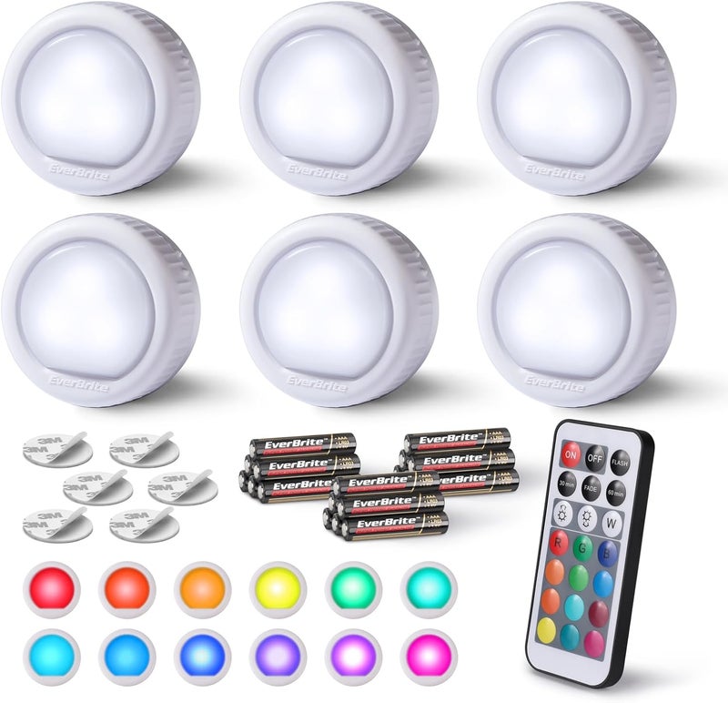 إيفربايت مصباح اللمسي، مصباح دفع، مصابيح LED دائرية مع 12 لون RGB، ضوء لمسي لاسلكي تحت الخزانة، 80 لومن ضوء ليلي للخزانة، غرفة النوم، الجدار، الفصل الدراسي، يشمل 18 بطارية AAA، عبوة من 6 قطع - Image 1