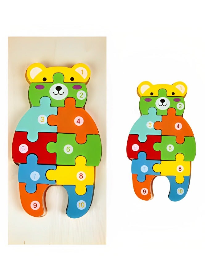 ألغاز خشبية ثلاثية الأبعاد مصممة لتعليم الأطفال الأشكال مع الأرقام، أدوات دعم التعليم المبكر للآباء والمعلمين، ألوان وأنماط جذابة، تنمية المهارات الحركية من مونتيسوري، هدايا رائعة (شكل دب) - Image 1