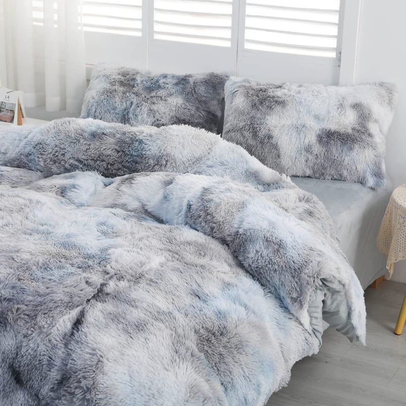 chovy Faux Fur Tie-Dyed Black White Gray Colorful Comforter Sets Queen - 3PC Bed Set Ultra Soft Plush Flannel Velvet Fluffy Fuzzy Bedding(Comforter x 1 Pillowcases x 2) - Image 4