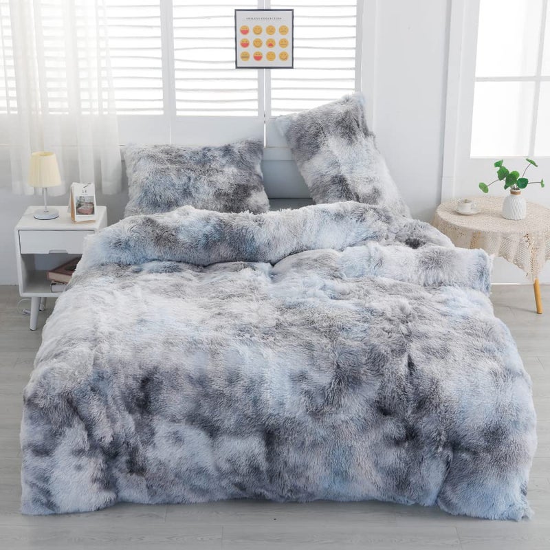chovy Faux Fur Tie-Dyed Black White Gray Colorful Comforter Sets Queen - 3PC Bed Set Ultra Soft Plush Flannel Velvet Fluffy Fuzzy Bedding(Comforter x 1 Pillowcases x 2) - Image 2