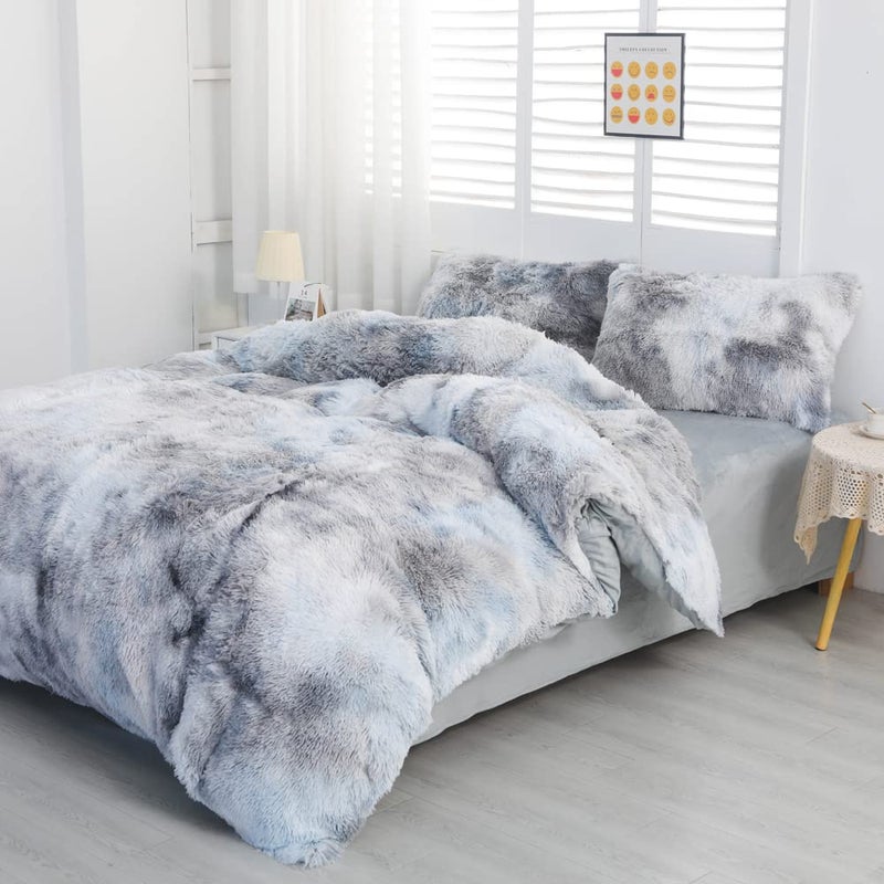 chovy Faux Fur Tie-Dyed Black White Gray Colorful Comforter Sets Queen - 3PC Bed Set Ultra Soft Plush Flannel Velvet Fluffy Fuzzy Bedding(Comforter x 1 Pillowcases x 2) - Image 3