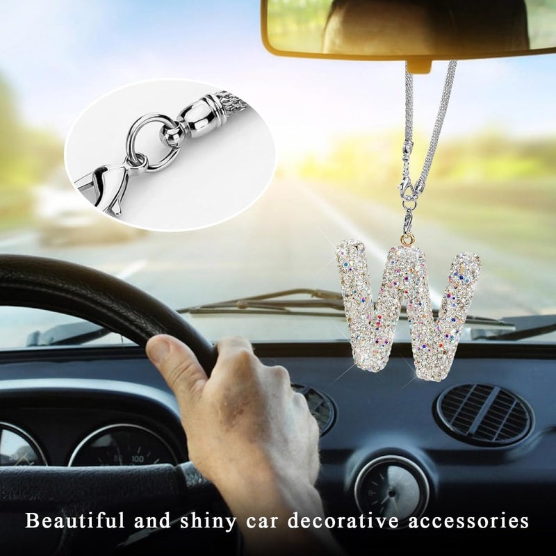 زينة مرآة الرؤية الخلفية للسيارة DXNQ Bling Initial، قلادة حرف لامع كريستالي لطيف، ديكور السيارة، قلادة حرف الماس المحظوظ المعلقة، زينة حقيبة مرآة السيارة للفتيات والنساء (حرف W) - Image 4