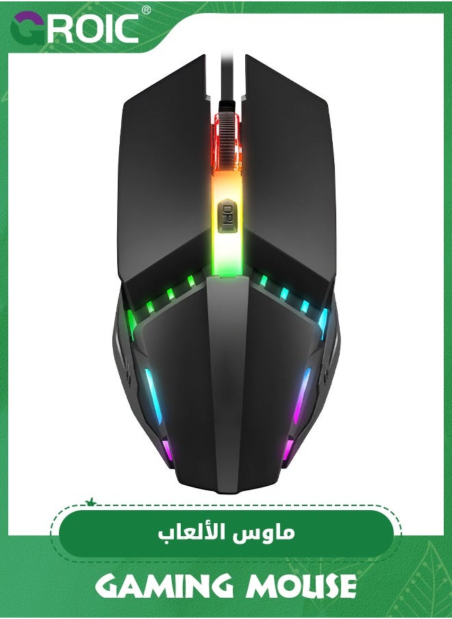 GROIC - Black Gaming Mouse Wired, LED USB PC Computer Mice for Laptop with 3 Adjustable DPI, 7 Colors RGB Backlit, Ergonomic Optical Mouse for Desktop Windows Mac Home Office Game - Image 1