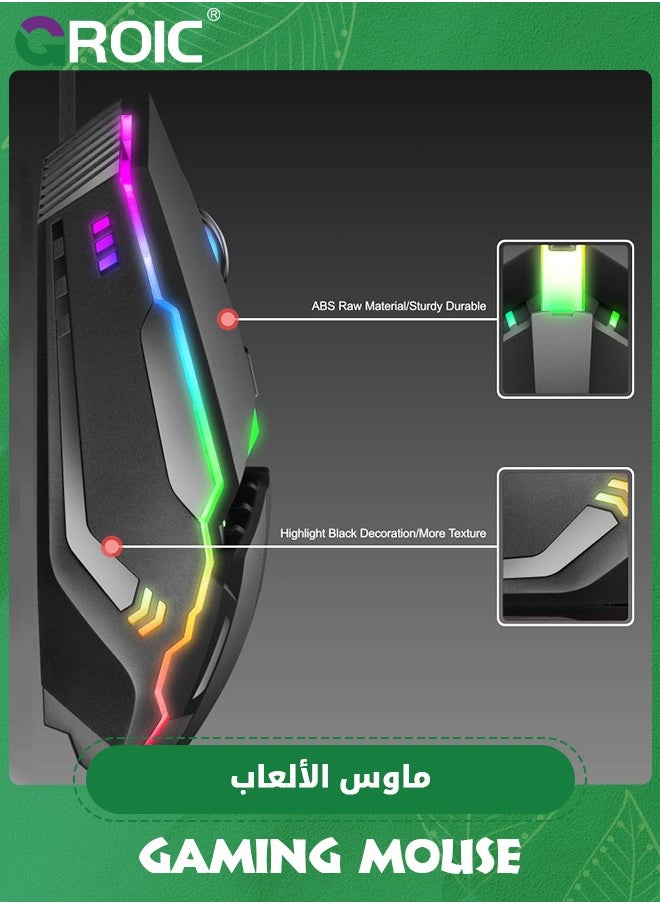 GROIC - Black Gaming Mouse Wired, LED USB PC Computer Mice for Laptop with 3 Adjustable DPI, 7 Colors RGB Backlit, Ergonomic Optical Mouse for Desktop Windows Mac Home Office Game - Image 1