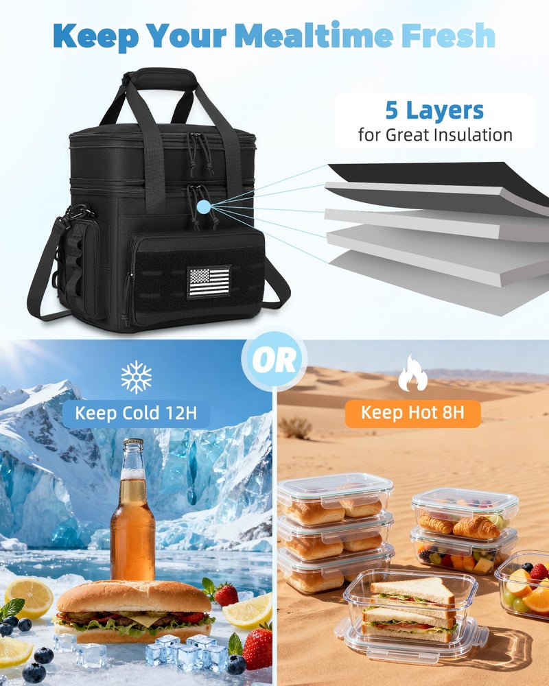 holuxer Tactical Lunch Bag & Lunch Box for Men - Large Double Deck Expandable Insulated Soft Adult Lunchbox for Work - Cooler Bag for Beach, Picnic, Camping,Outdoorï¼ŒTravel (Black,16L) - Image 4
