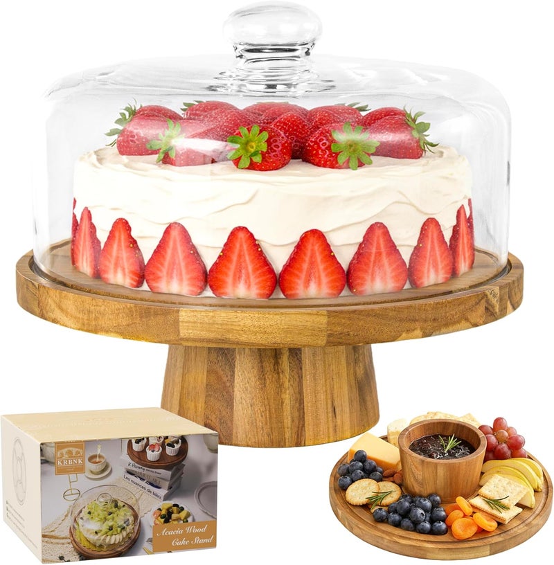 Krbnk Acacia Wood Cake Stand with Lid, 12" Glass Cake Stand with Dome Cake Holder, 2-in-1 Dessert Table Display Set & Charcuterie Board for Weddings, Parties, Bakeries - Image 1