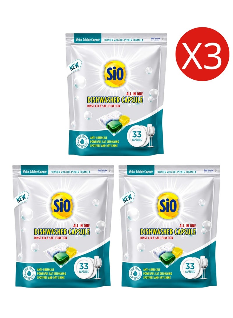 SIO All-in-One Dishwasher Capsules, 3 Packs x 33 Count (99 Capsules Total) for Dishes, Cookware, and Grease Cleaning