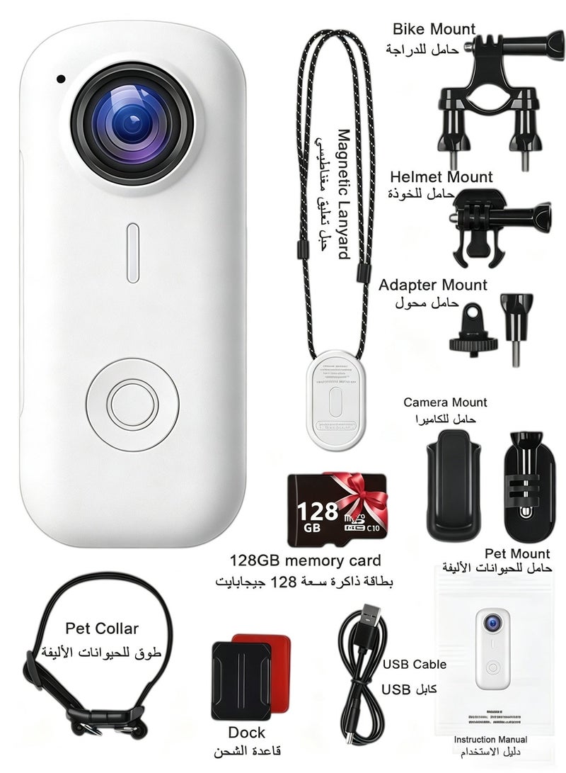 Action Camera,Mini Body Camera,Wearable Action Body Cam, Thumb Size Hands Free Recording Body Worn Camera, Premium Portable Camcorder Mount Anywhere for Pet Walking, Work, Travel (White, 128GB) - Image 2