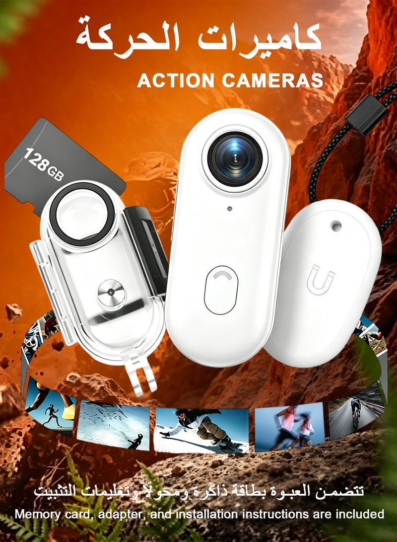 Action Camera,Mini Body Camera,Wearable Action Body Cam, Thumb Size Hands Free Recording Body Worn Camera, Premium Portable Camcorder Mount Anywhere for Pet Walking, Work, Travel (White, 128GB) - Image 1