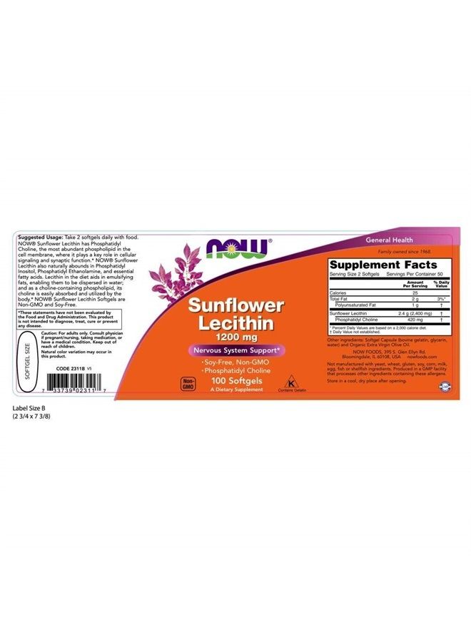 now Supplements, Sunflower Lecithin 1200 mg with Phosphatidyl Choline, 200 Softgels - Image 2