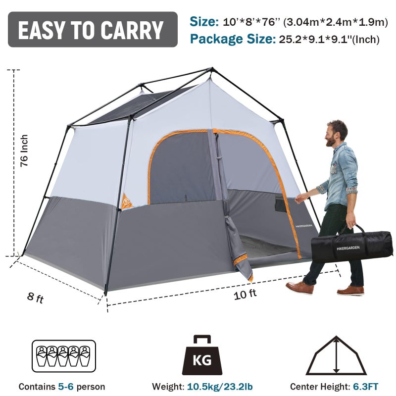 HG HIKERGARDEN 6 Person Camping Tent - Portable Easy Set Up Family Tent for Camp, Windproof Fabric Cabin Tent Outdoor for Hiking, Backpacking, Traveling (Gray) - Image 2