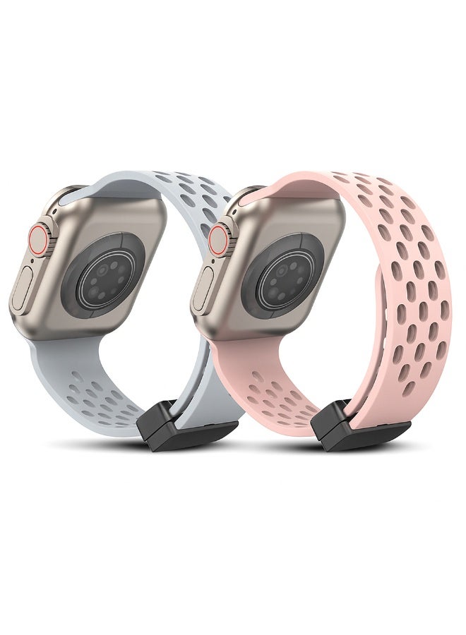 O Ozone (Pack of 2) O Ozone Magnetic Buckle Silicone Band Compatible with Apple watch Series Ultra 2 | 9 | 8 Ultra | 8 | 7 | 6 | 5 49/45/44/42mm Breathable Soft Silicone Sport Replacement Wristband for Men Women - Grey/Pink - Image 1