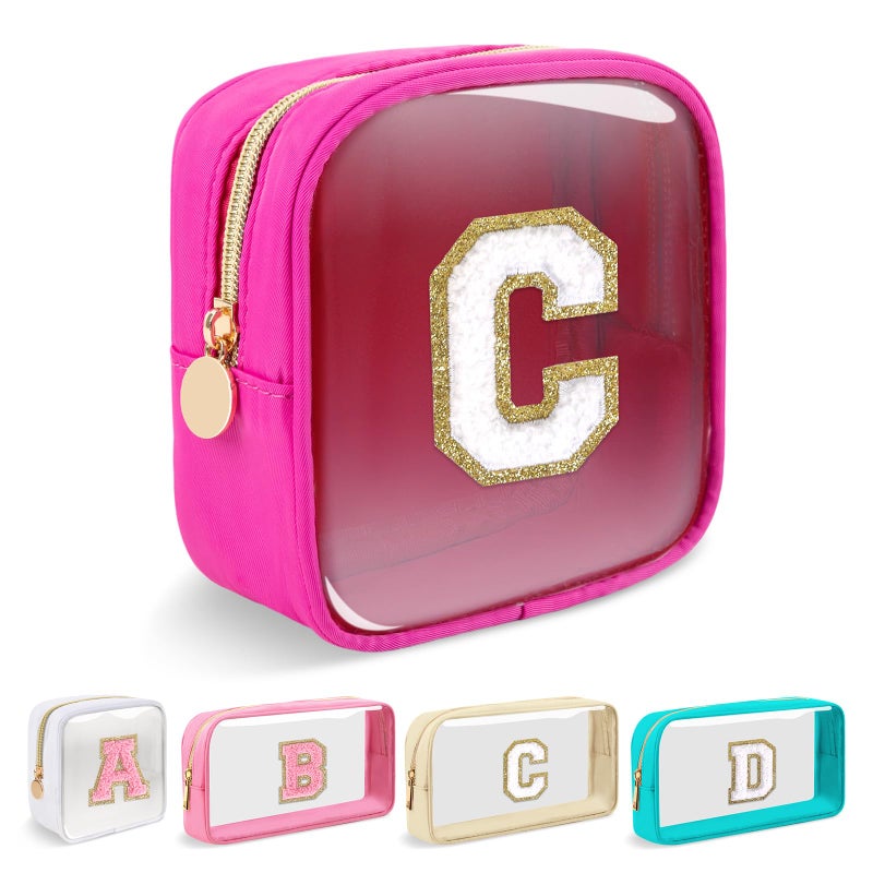Iqimott Mini Clear Personalized Initial Makeup BagNylon Preppy AZ Chenille Letter Patch Zipper Cosmetic Bag Small Cute Beach Pouch Travel Purse Sanitary Napkin Storage Bag for Women GirlsHot PinkWhite C - Image 2