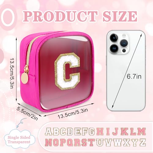 Iqimott Mini Clear Personalized Initial Makeup BagNylon Preppy AZ Chenille Letter Patch Zipper Cosmetic Bag Small Cute Beach Pouch Travel Purse Sanitary Napkin Storage Bag for Women GirlsHot PinkWhite C - Image 3