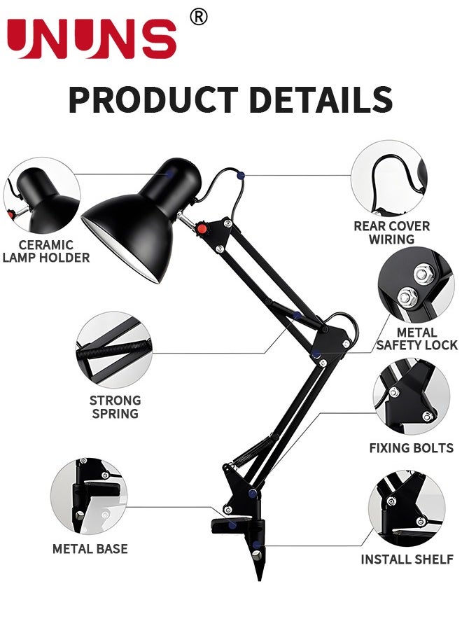 UNUNS - Metal Desk Lamp,Adjustable Gooseneck Table Lamp With Interchangeable Base And Clamp Base,Multi-Joint Swing Arm Desk Lamps For Home Office,Work,Study,Reading,Multi-Joint,Black - Image 1