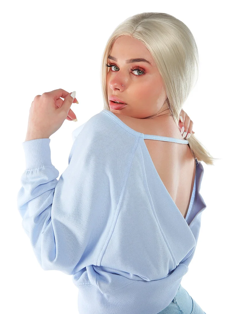 London Rag  Pastel Blue Cross Overlay Knitted Top  | Best Price UAE