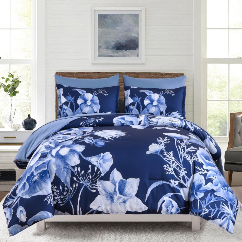 Luxudecor Floral Comforter Set Queen Size 7 Piece, Navy Blue Flower Bed in a Bag, Elegant Floral Comforter with Sheet Set, Soft Microfiber Bedding Set for All Season (Navy Blue, 90"x90") - Image 1